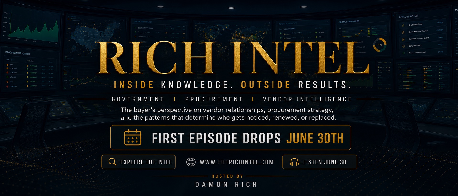 Rich Intel — Inside Knowledge. Outside Results. Government, Procurement, Vendor Intelligence. First episode drops June 30th. Hosted by Damon Rich.